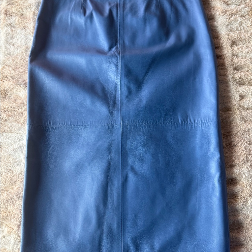 Blue Midi Leather Pencil Skirt